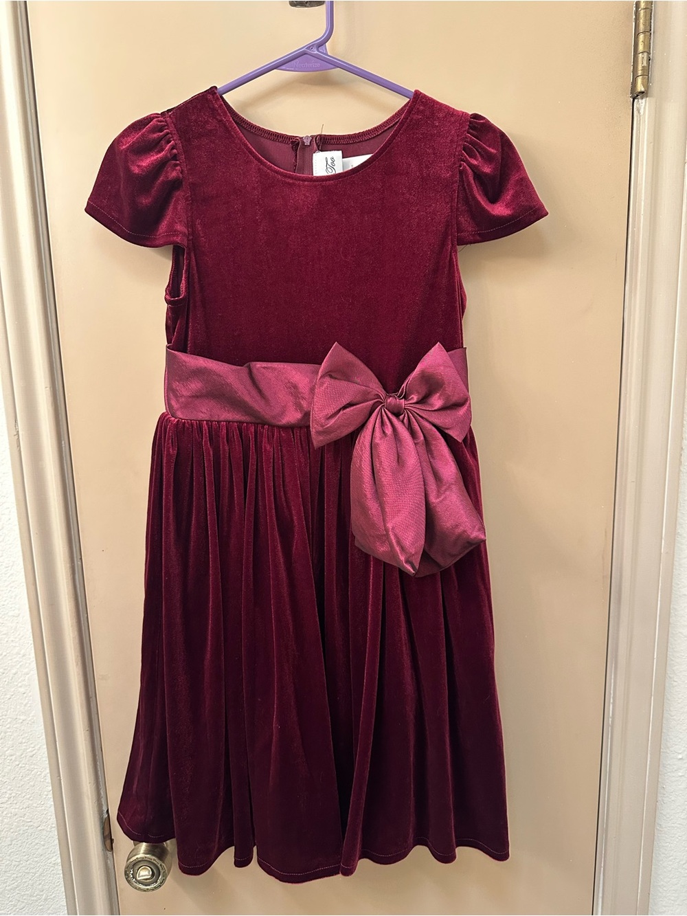 Girls Velveteen Party Dress with Bow - Burgundy
